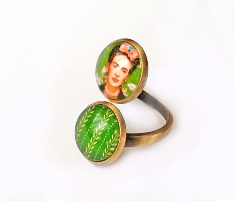 FRIDA double ring, original Frida ring, ring with 2 Frida cameos, Frida jewelry, turquoise Frida Kahlo ring image 10