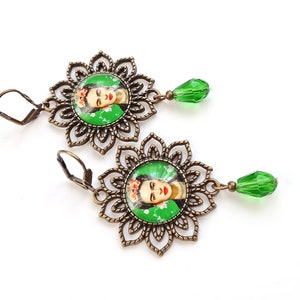 Large Frida earrings, green vintage style Frida earrings, Frida Kahlo jewelry, folk jewelry with Frida, gift for Frida lovers,gift for women image 5