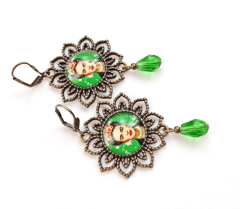 Large Frida earrings, green vintage style Frida earrings, Frida Kahlo jewelry, folk jewelry with Frida, gift for Frida lovers,gift for women image 5