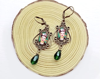 Pendientes estilo vintage Frida,aretes estilo antiguo Frida Kahlo,pendientes largos Frida Kahlo,regalo para mujer,bisutería Frida Kahlo