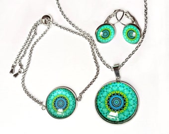 Ensemble de bijoux avec mandala vert-turquoise, ensemble de bijoux en acier inoxydable, bijoux de qualité avec mandala, cadeau pour femme