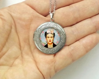 Relicario-medallón portafoto Frida Kahlo,collar Frida,colgante guardapelos con Frida,portafotos con Frida,bisuteria Frida Kahlo,regalo Frida