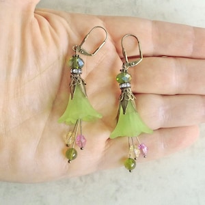 Pistachio earrings with Lily Flower, boho earrings,Lucite flower earrings,gift for women,christmas gift image 4