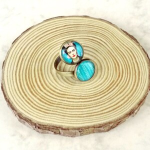 FRIDA double ring, original Frida ring, ring with 2 Frida cameos, Frida jewelry, turquoise Frida Kahlo ring image 3