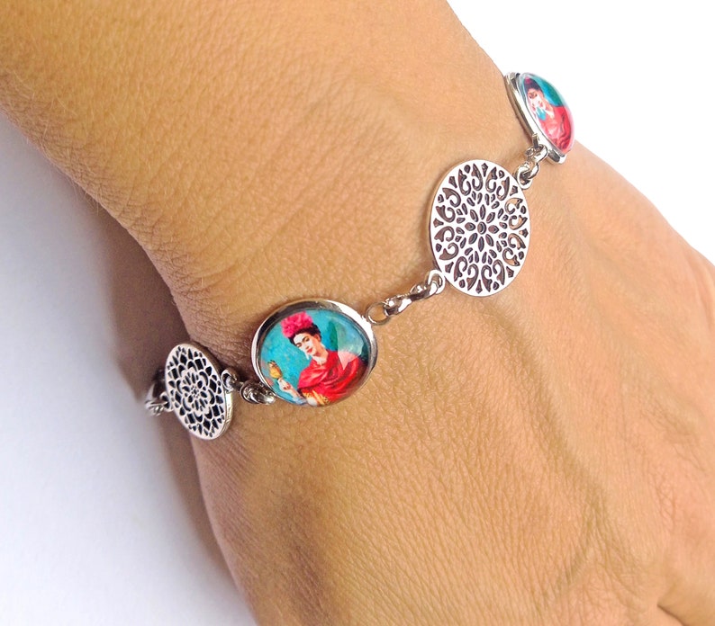 Bracelet en acier inoxydable avec Frida et mandalas, bracelet réglable Frida, cadeau pour femme, cadeau de Noël , bijoux Frida Kahlo image 6
