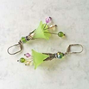 Pistachio earrings with Lily Flower, boho earrings,Lucite flower earrings,gift for women,christmas gift image 1