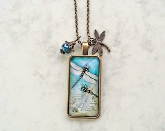 Long necklace with Dragonfly, vintage style necklace "Dragonfly", dragonfly necklace blue or pink