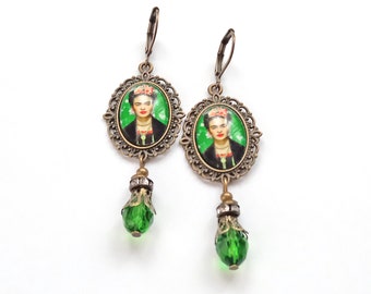 Frida green earrings, Frida vintage style earrings, Frida blue long earrings, gift for woman, gift for her, Frida Kahlo jewelry