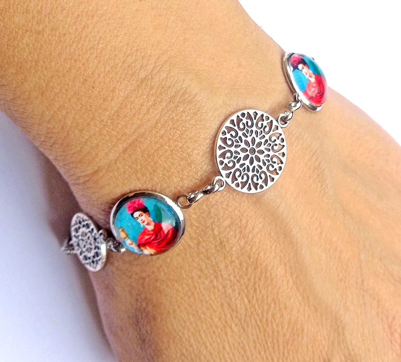 Bracelet en acier inoxydable avec Frida et mandalas, bracelet réglable Frida, cadeau pour femme, cadeau de Noël , bijoux Frida Kahlo image 4