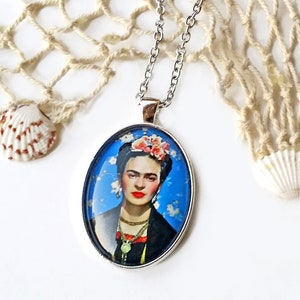 Large blue FRIDA pendant, Frida Kahlo necklace, Frida oval pendant, Frida Kahlo jewelry, gift for women, Christmas gift, blue necklace Frida image 2