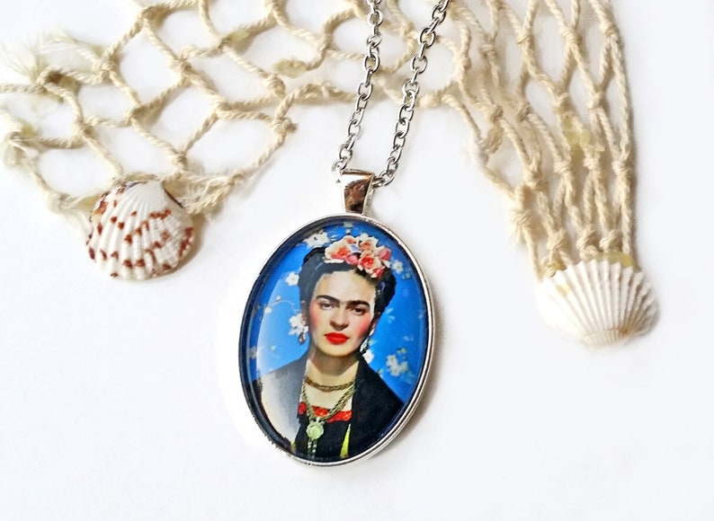 Large blue FRIDA pendant, Frida Kahlo necklace, Frida oval pendant, Frida Kahlo jewelry, gift for women, Christmas gift, blue necklace Frida image 2