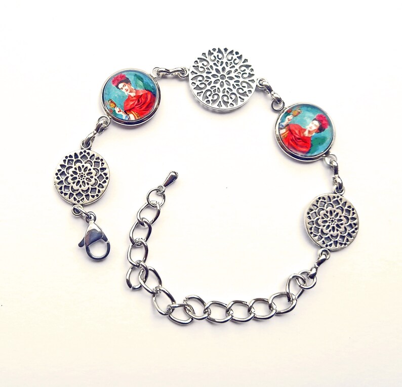 Bracelet en acier inoxydable avec Frida et mandalas, bracelet réglable Frida, cadeau pour femme, cadeau de Noël , bijoux Frida Kahlo image 1