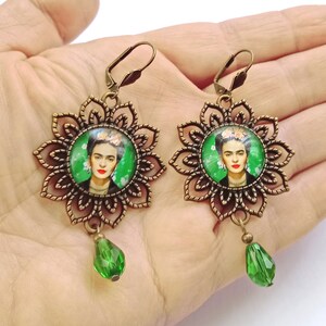 Large Frida earrings, green vintage style Frida earrings, Frida Kahlo jewelry, folk jewelry with Frida, gift for Frida lovers,gift for women image 4