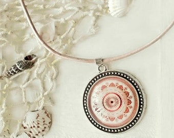 Large "Pink Mandala" pendant, pale pink necklace, pink mandala necklace