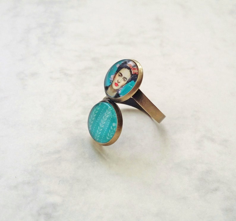 FRIDA double ring, original Frida ring, ring with 2 Frida cameos, Frida jewelry, turquoise Frida Kahlo ring image 8