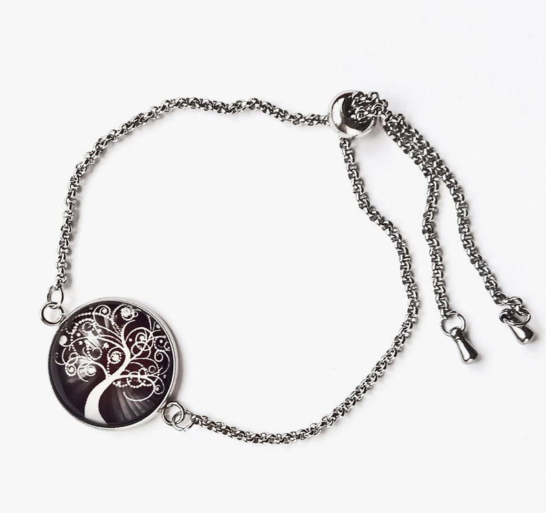 Pulsera ajustable de acero inoxidable con Arbol de la vida,pulsera con cabochon de arbol de vida ,regalo para mujer,regalo de Navidad mujer Negro