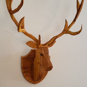 Recycled wall mounted Wooden Deer Head, (LIFE SIZE) with antlers
