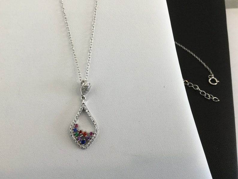 Sterling Silver 925 Hand Made Necklace With Cubic zirconia colors Stone in Marquis shape.