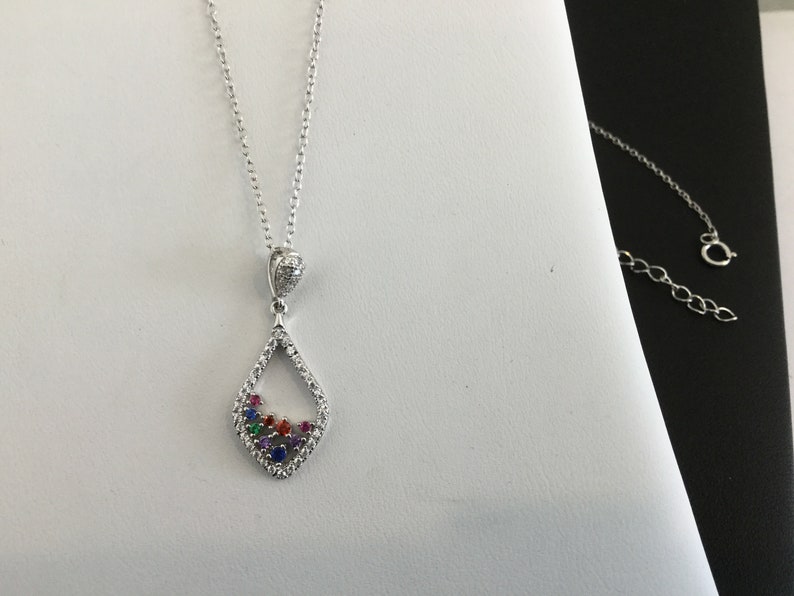 Sterling Silver 925 Hand Made Necklace With Cubic zirconia colors Stone in Marquis shape.