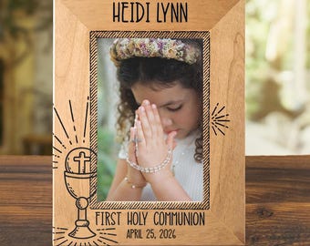 Personalized First Holy Communion Picture Frame - Engraved Catholic Gift - 1st Communion Keepsake for Boy or Girl - Radiant Eucharist Design
