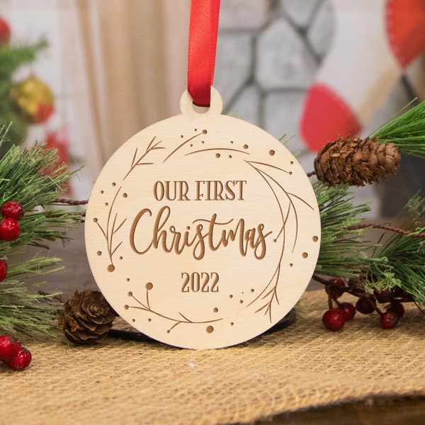 Our First Christmas Married 2023 Wooden Ornament - Laser Cut Engraved Wood -  Wedding Gift for Couple - Rustic Newlywed Present