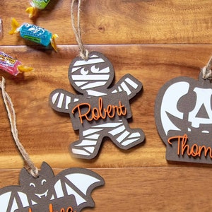 Personalized Name Halloween Ornament - Custom Gift Basket Tags - Wooden Laser Cut - Halloween Treat Bag Name Tags for Kids