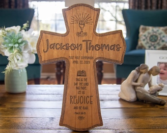 Personalized First Communion Gift - First Holy Communion Cross for Boys or Girls - Custom Laser Engraved Wood Keepsake