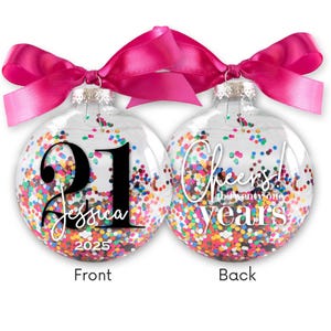 Personalized 21st Birthday Ornament - Fun Confetti Glitter Christmas Ornament - Cheers to Twenty One Years