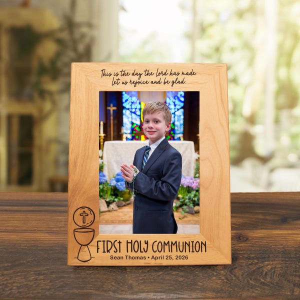 Personalized First Holy Communion Picture Frame - Engraved Catholic Gift - 1st Communion Keepsake for Boy or Girl - Classic Chalice Design