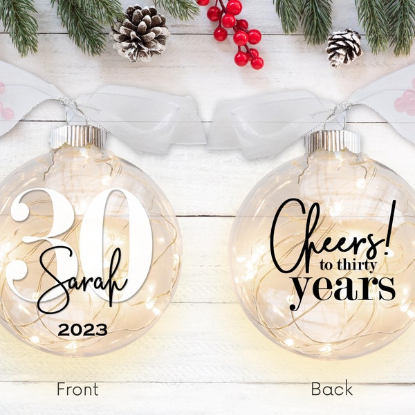 30th Birthday Lighted Christmas Ornament – Cheers to Thirty Years - Personalized 30 year Gift - Custom Name Ornament
