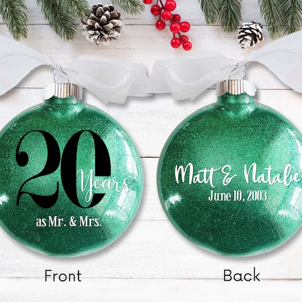 20th Wedding Anniversary Christmas Ornament – Personalized with Wedding Date - 20 Years as Mr & Mrs - Gift for Married Couple