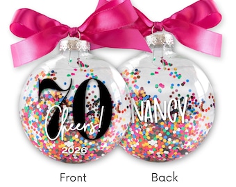 70th Birthday Ornament - Personalized Cheers to 70 Years Milestone Gift - Fun Confetti Glitter Christmas Ornament