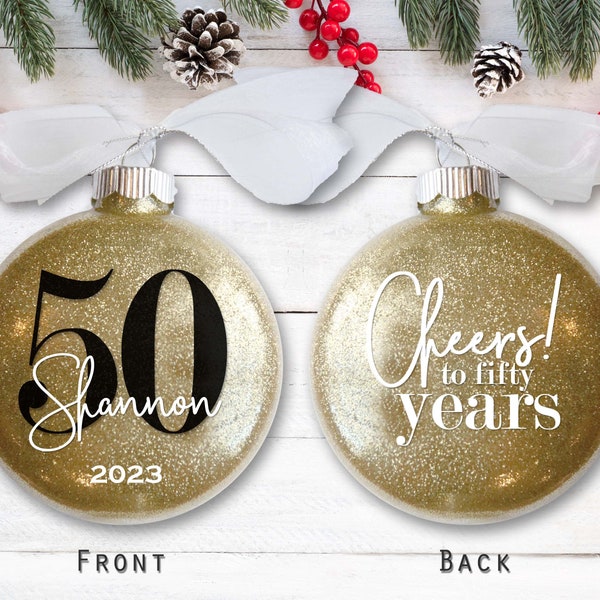 50th Birthday Personalized Christmas Ornament – Cheers to Fifty Years - Custom Name Glitter Ornament