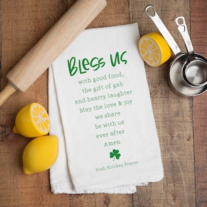 Irish Kitchen Prayer Dish Towel - St Patrick&#39;s Day - Bless Us with Good Food - Hostess Tea Towel - Christian or Catholic Gift for Her