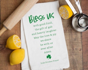 Irish Kitchen Prayer Dish Towel - St Patrick's Day - Bless Us with Good Food - Hostess Tea Towel - Christian or Catholic Gift for Her