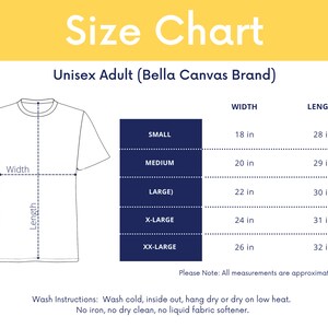 以下が含まれることがあります： Bella Canvasブランドのユニセックス大人用Tシャツのサイズチャート。SからXXLまでのサイズの幅と長さの測定値をcmで表示。洗濯表示も含まれています。