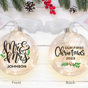 Mr & Mrs Our First Christmas Lighted Ornament - Personalized Wedding Gift – Elegant Newlywed Gift