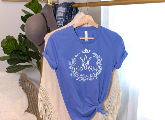 Auspice Maria Catholic Marian T-Shirt - Blessed Virgin Mary Monogram - Ave Maria Shirt for Women