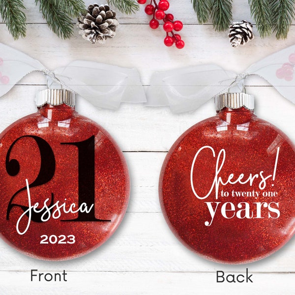 21st Birthday Personalized Christmas Ornament – Cheers to Twenty One Years - Custom Name Glitter Ornament