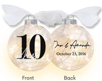 10th Anniversary Light Up Christmas Ornament - 10 Years as Mr & Mrs - Personalized Gift for Couple