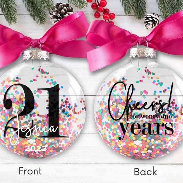 Personalized 21st Birthday Ornament - Fun Confetti Glitter Christmas Ornament - Cheers to Twenty One Years