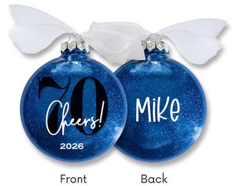70th Birthday Personalized Christmas Ornament – Cheers to Seventy Years - Custom Name Glitter Ornament
