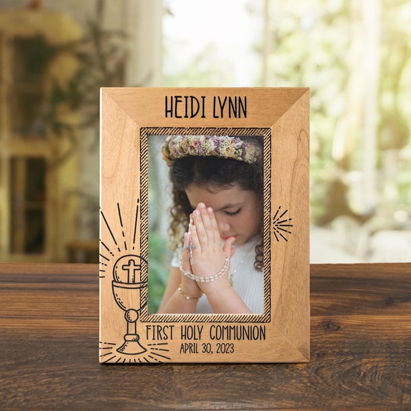 Personalized First Communion Picture Frame - 1st Holy Communion Photo Frame for Boy or Girl - Custom Laser Engraved Wood Keepsake