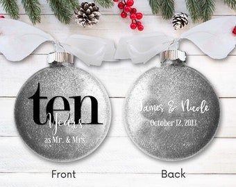 10 year Tin Color Anniversary Ornament – Personalized 10th Wedding Anniversary Glittered Christmas Gift – Ten Years as Mr & Mrs