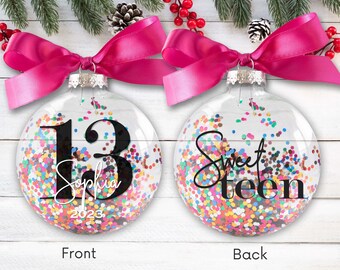 Personalized 13th Birthday Ornament - 13 Sweet Teen Birthday Gift for Girl - Fun Confetti Glitter Christmas Ornament