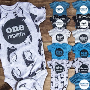 Baby Boy Monthly Milestone Onesies® Set: First Year Photo Outfit, Shower Gift