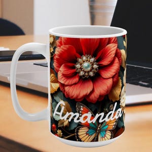 Personalized Floral Mug, Flower Lover Gift,  Custom Coffee Cup, Botanical Tea Mug,  Floral Design, Gardening Enthusiast, Gift for Her
