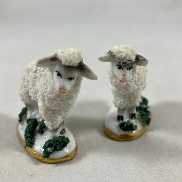 Antique German Porcelain Sheep Pair Miniature Confetti Flocked Porcelain Wool, Gold Anchor Hand Painted Gold Trim Green Foliage, Original