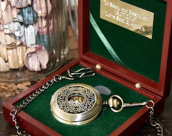 Personalized Steampunk Pocket Watch Gift -Father of the Bride Gift - Engraved Plaque & Rosewood Box