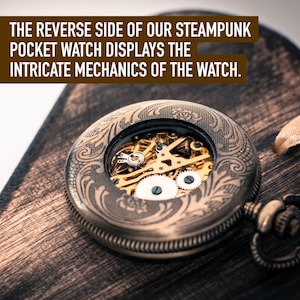 May include: A steampunk pocket watch with intricate gears and a decorative design on the back. The watch is open, revealing the inner workings.
